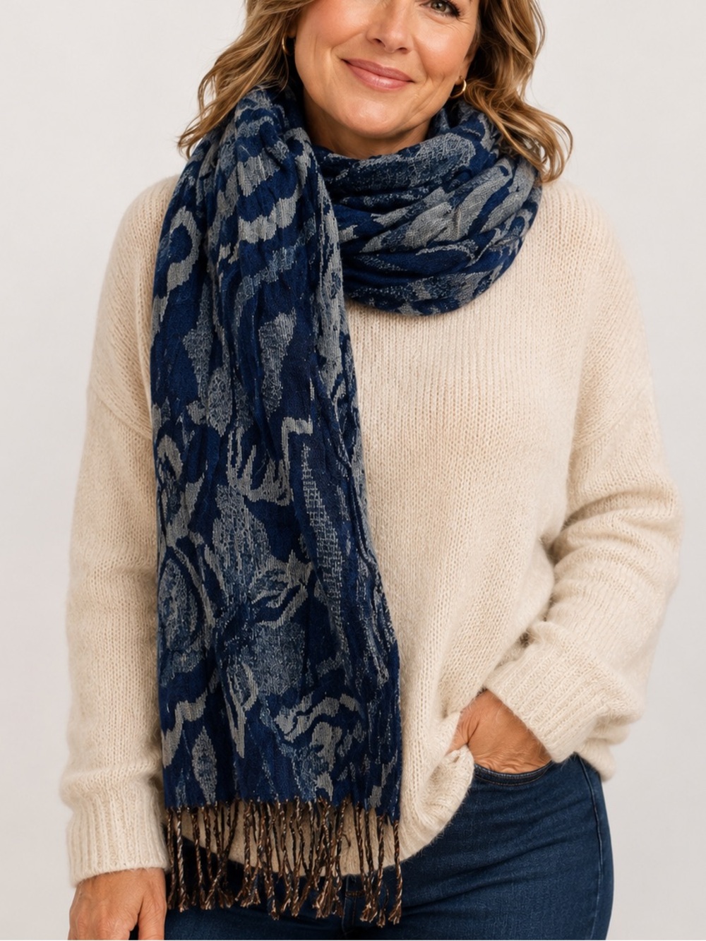 Blue Floral Pattern Lightweight Scarf Womens Winter Accessories